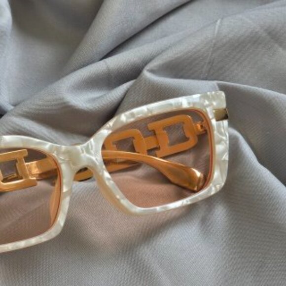 Y2K Cream Rectangular Sunglasses with Gold Detail main image 5